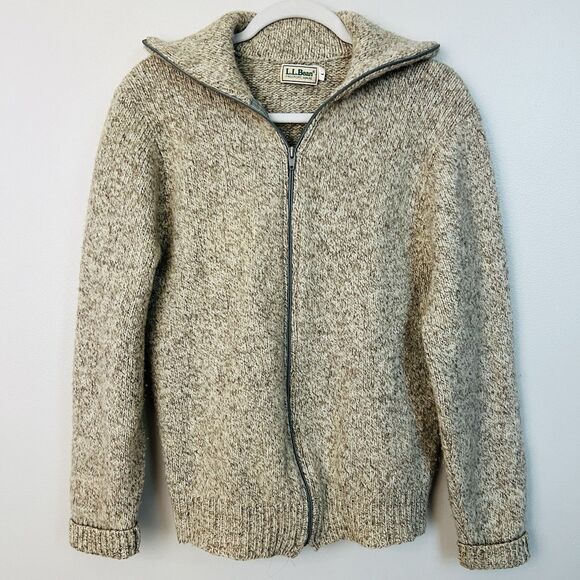 Vintage L.L. Bean Beige 100% Wool Zip up Cardigan Sweater Grandpacore Large